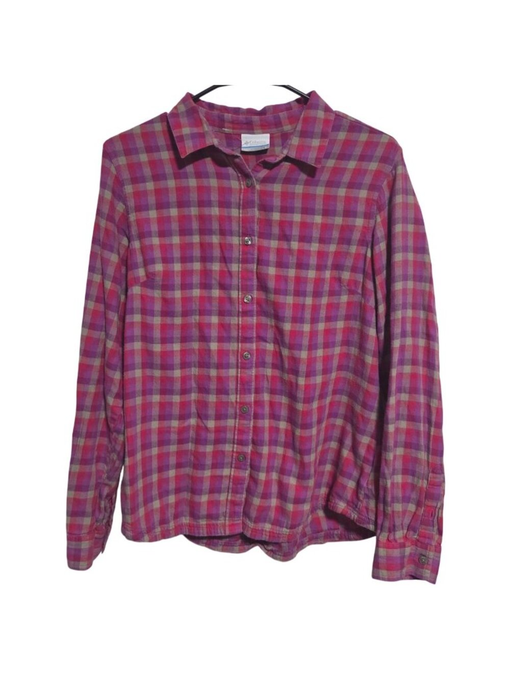 Columbia Button Up Shirt Womens Size Large Pink Purple Plaid Long Sleeve Cotton